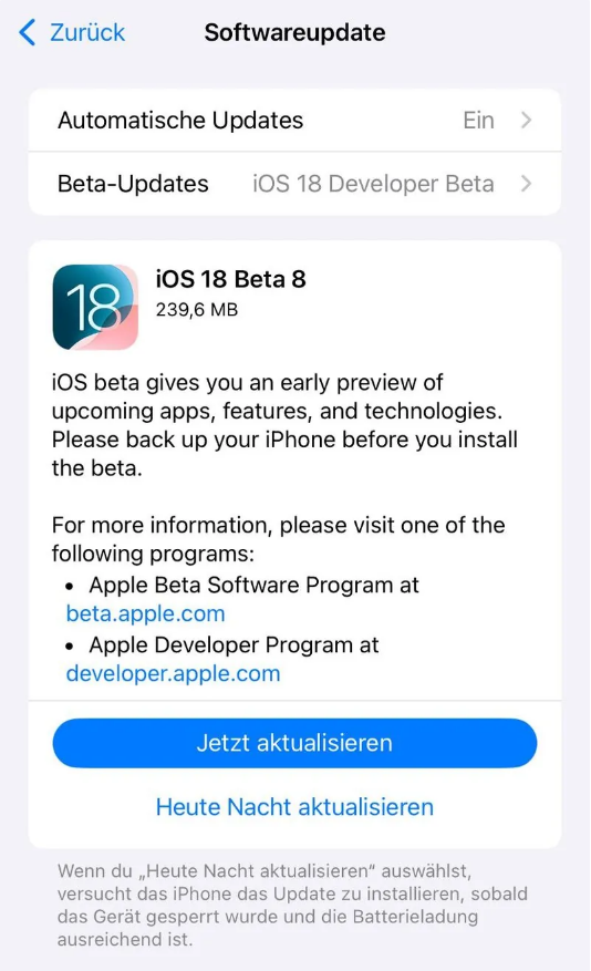 大邑苹果手机维修分享苹果 iOS / iPadOS 18 开发者预览版 Beta 8 发布 